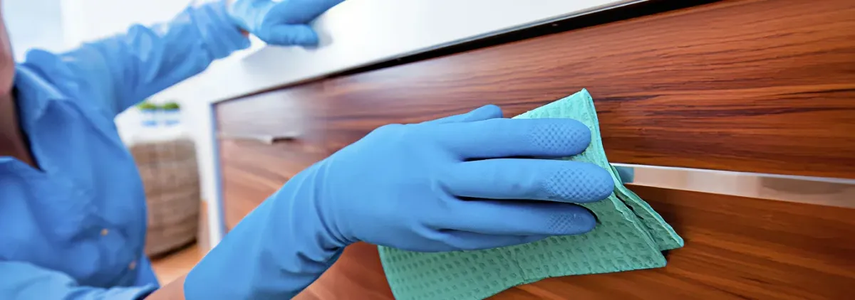 Cleaner wearing blue gloves wiping a wooden cabinet drawer with a microfiber cloth for dust and grime removal, Reno, NV.
