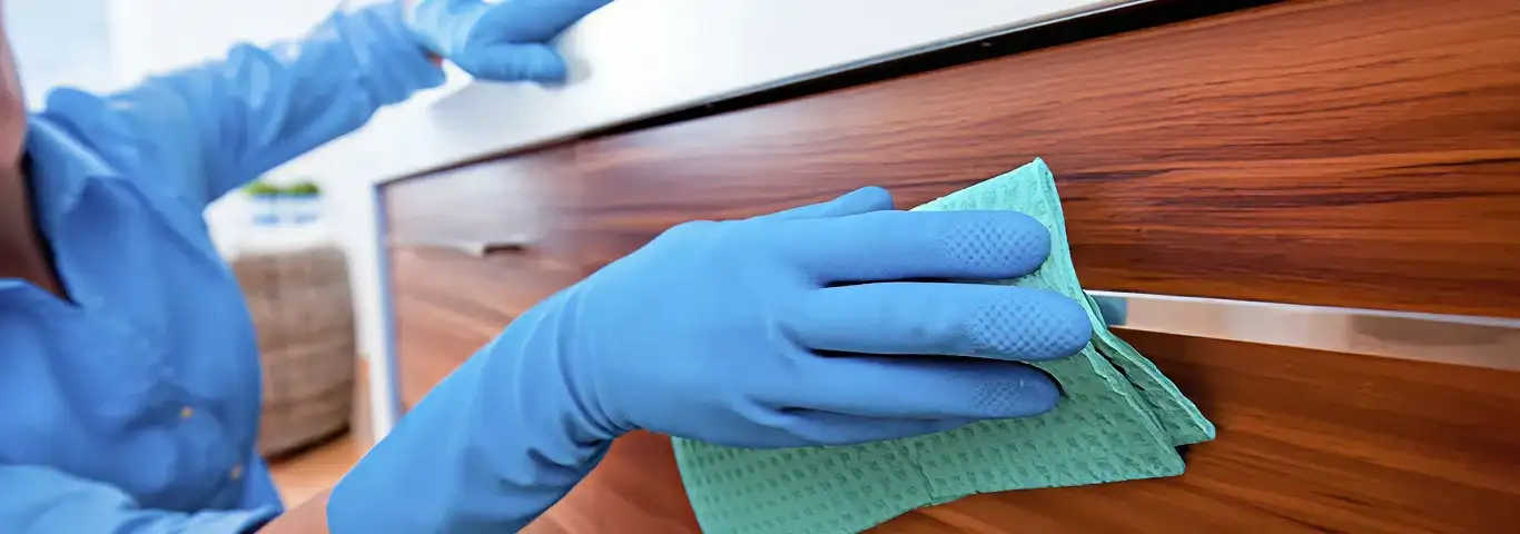 Cleaner wearing blue gloves wiping a wooden cabinet drawer with a microfiber cloth for dust and grime removal, Reno, NV.