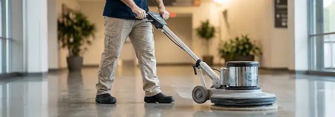 Professional technician using an industrial floor buffer to polish and maintain shiny commercial flooring in a corporate hallway in Reno, NV.