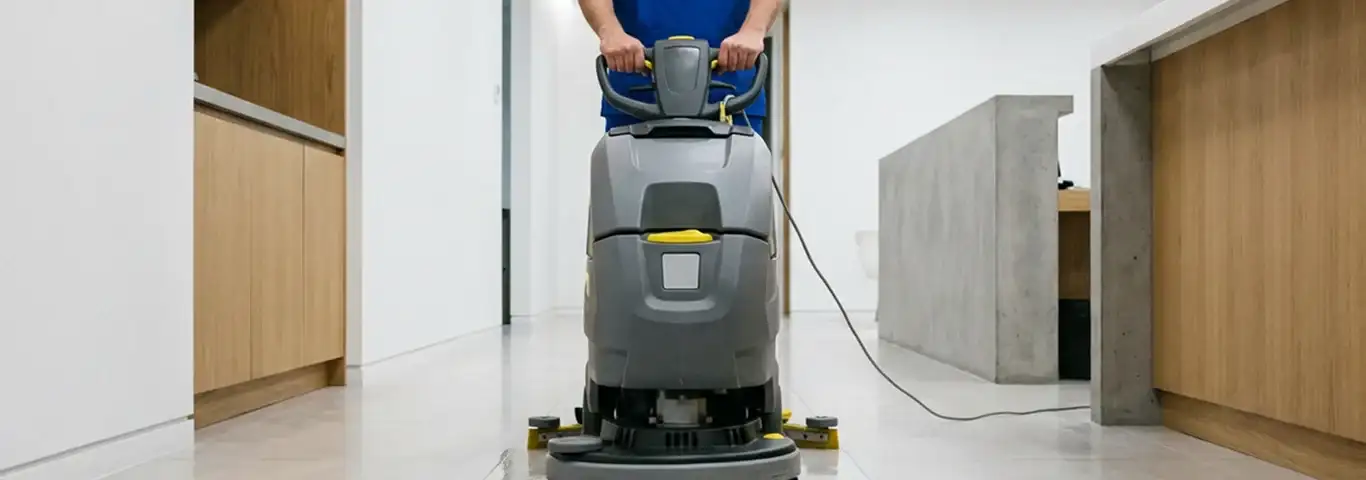 Janitorial staff using a floor scrubber machine to clean a commercial hallway, Reno, NV.