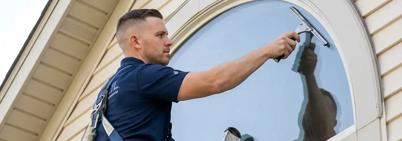 Professional window cleaner using a squeegee to clean an exterior arched window on a home, Reno, NV.