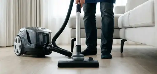 Professional house cleaner vacuuming a living room floor with a canister vacuum cleaner, Reno, NV.