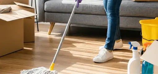Move-out cleaning setup with a cleaner mopping hardwood floors near moving boxes and cleaning supplies, Reno, NV.