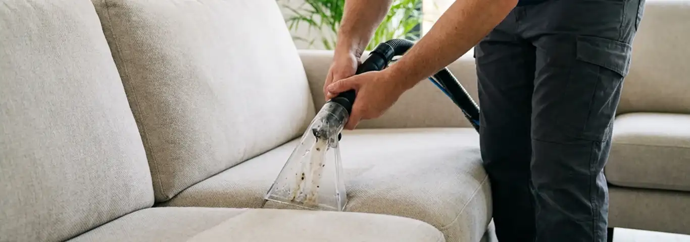 Technician extracting dirt and moisture from a fabric sofa with an upholstery cleaning wand, Reno, NV.