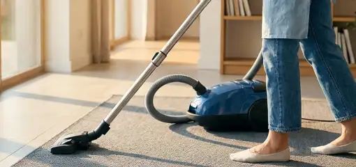 Person vacuuming a living room rug with a canister vacuum cleaner near large windows, Reno, NV.